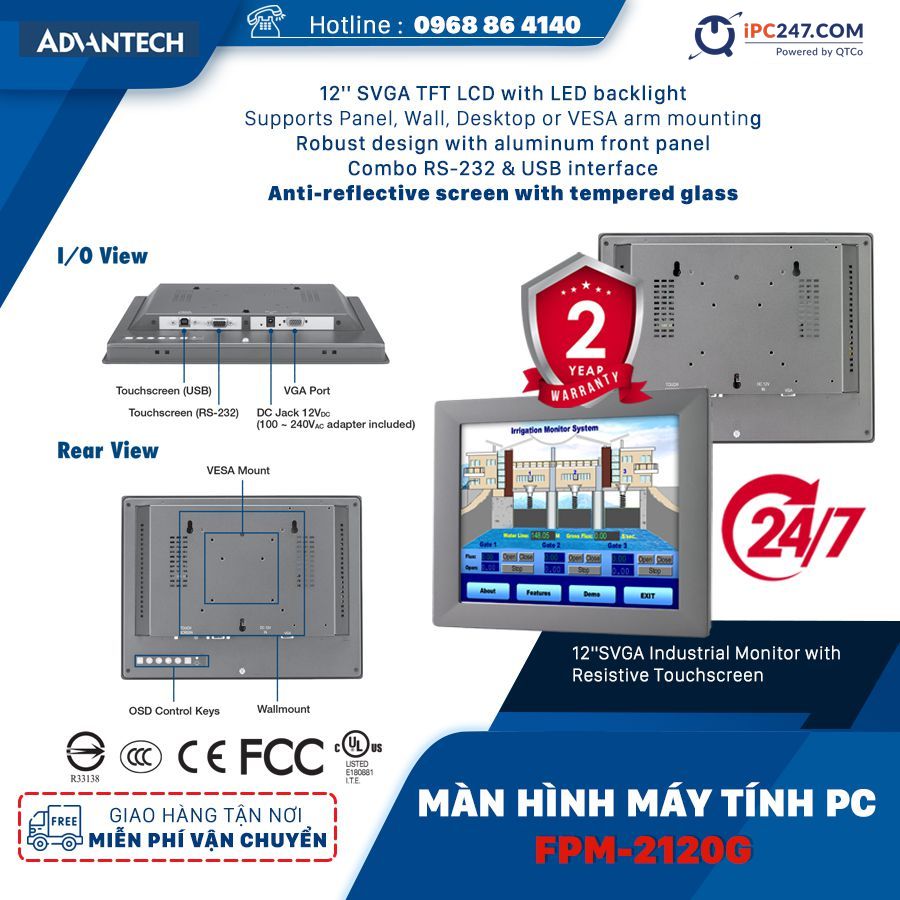 Màn hình công nghiệp FPM-2120G 12'' SVGA với màn hình cảm ứng điện trở và cổng trực tiếp VGA