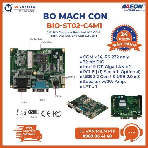 Bo mạch nhúng BIO-ST02-C4M1 2,5” với COM x4, MiniCard x1, SIM x1 và USB x1