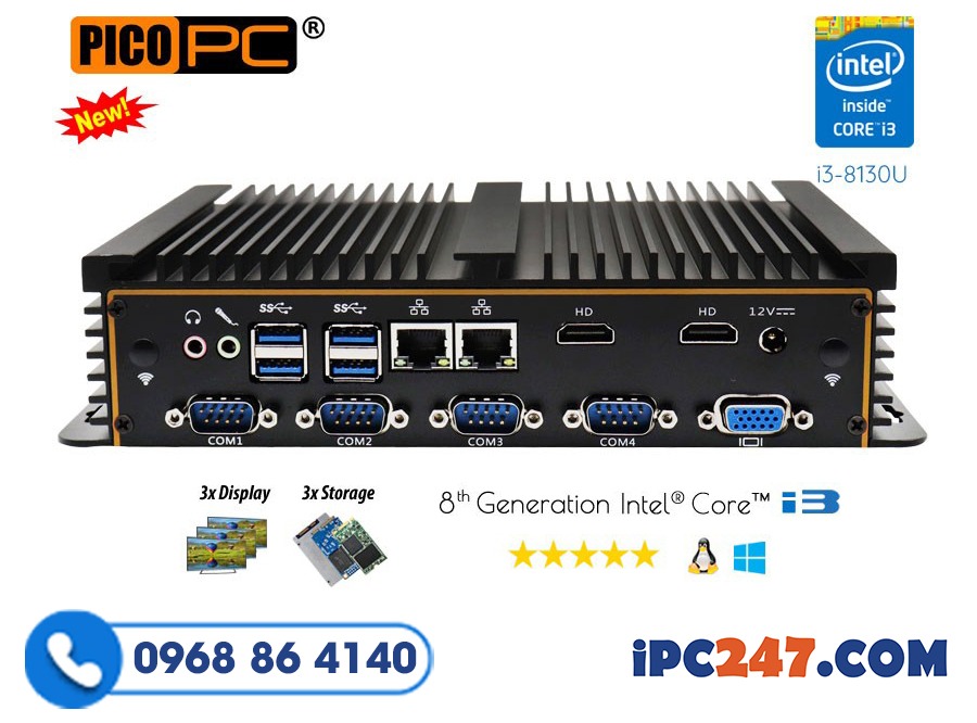 8th Gen Intel I5-8250U 6 COM 3 Display Fanless Industrial PC
