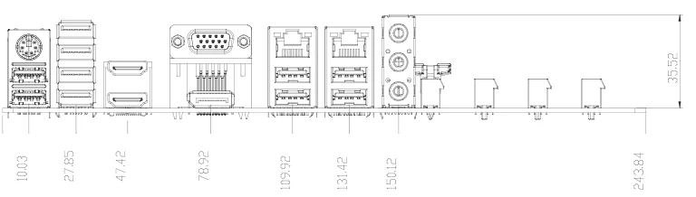 Bản vẽ vị trí cổng I/O phía sau MAX-Q370A (mm)