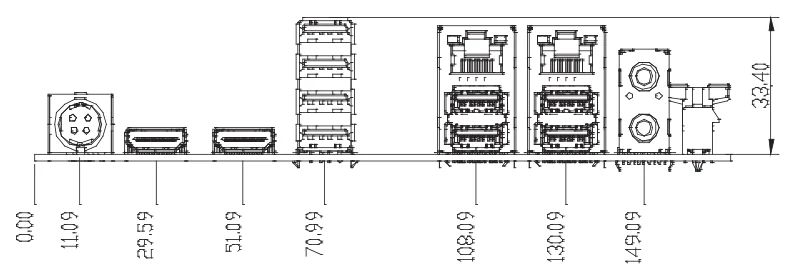Bản vẽ cụm cổng I/O phía sau MIX-H310D2 (mm)