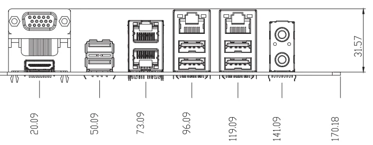 Bản vẽ cụm cổng I/O phía sau MIX-Q370A1 (mm)