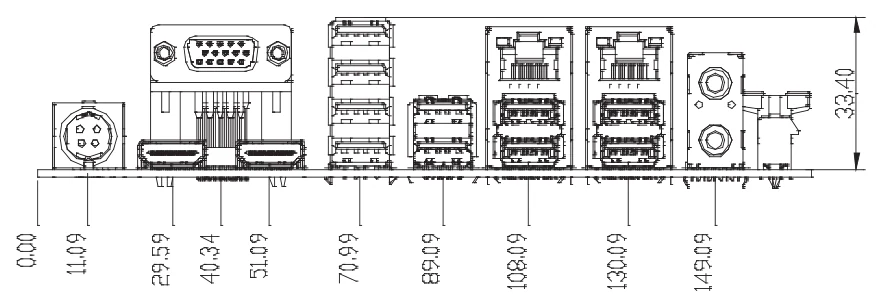 Bản vẽ kích thước MIX-Q370D2 nhìn từ cạnh cổng I/O (mm)