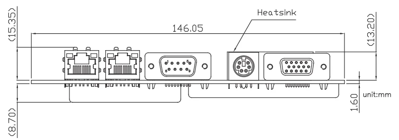 Cạnh cổng I/O của GENE-5315, số đo theo mm