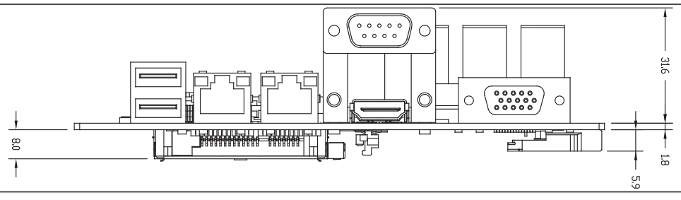 Bản vẽ kích thước GENE-BT05 nhìn từ cạnh cổng I/O (mm)