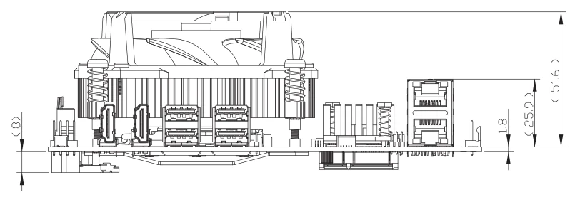 Bản vẽ chiều cao EPIC-CFS7 kèm quạt tản nhiệt (mm)