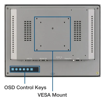 Mặt sau FPM-7121T với phím OSD và giá lắp VESA