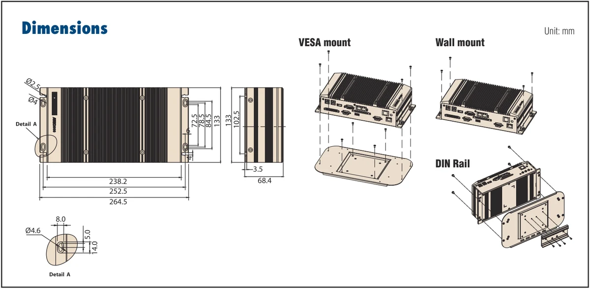 Bản vẽ kích thước và các kiểu lắp ARK-2121F (mm)