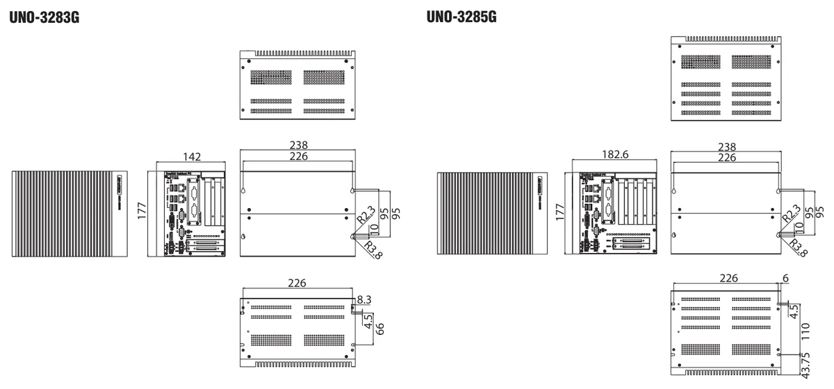Bản vẽ kích thước UNO-3283G và UNO-3285G (mm)