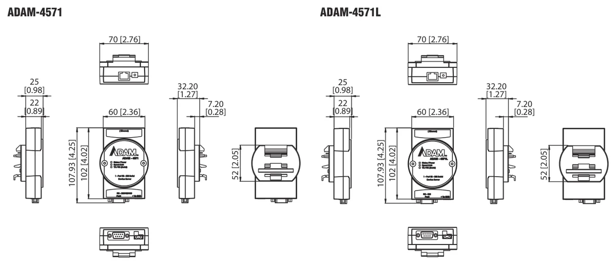 Bản vẽ kích thước ADAM-4571 và ADAM-4571L (mm)