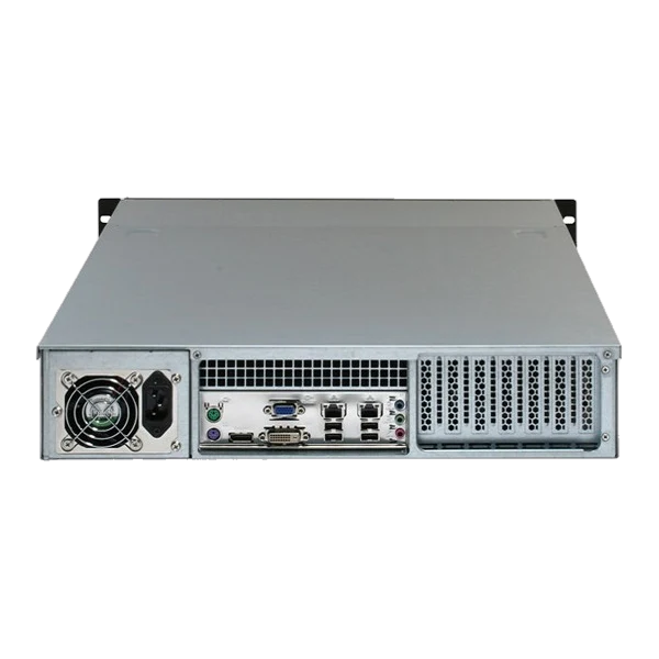 Mặt sau NVR-Q67S với bộ nguồn và cổng I/O