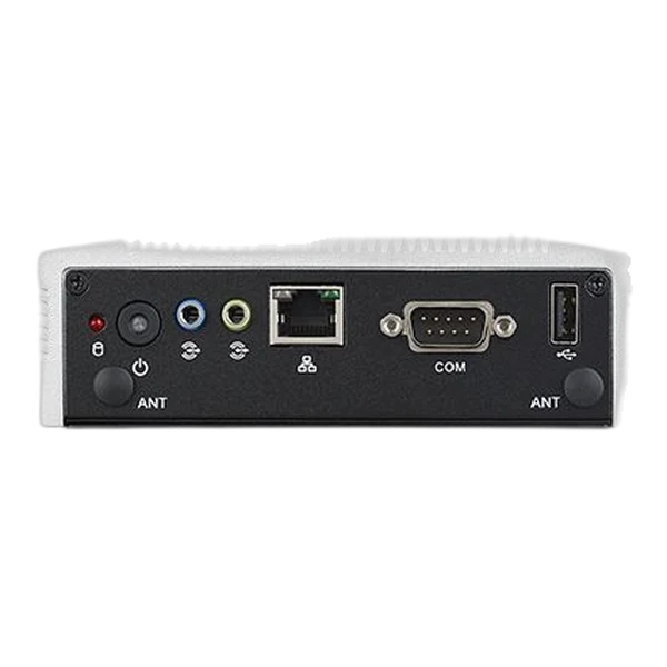 Máy tính công nghiệp không quạt Advantech ARK-1123H nhìn từ mặt trước với cổng LAN, COM và USB